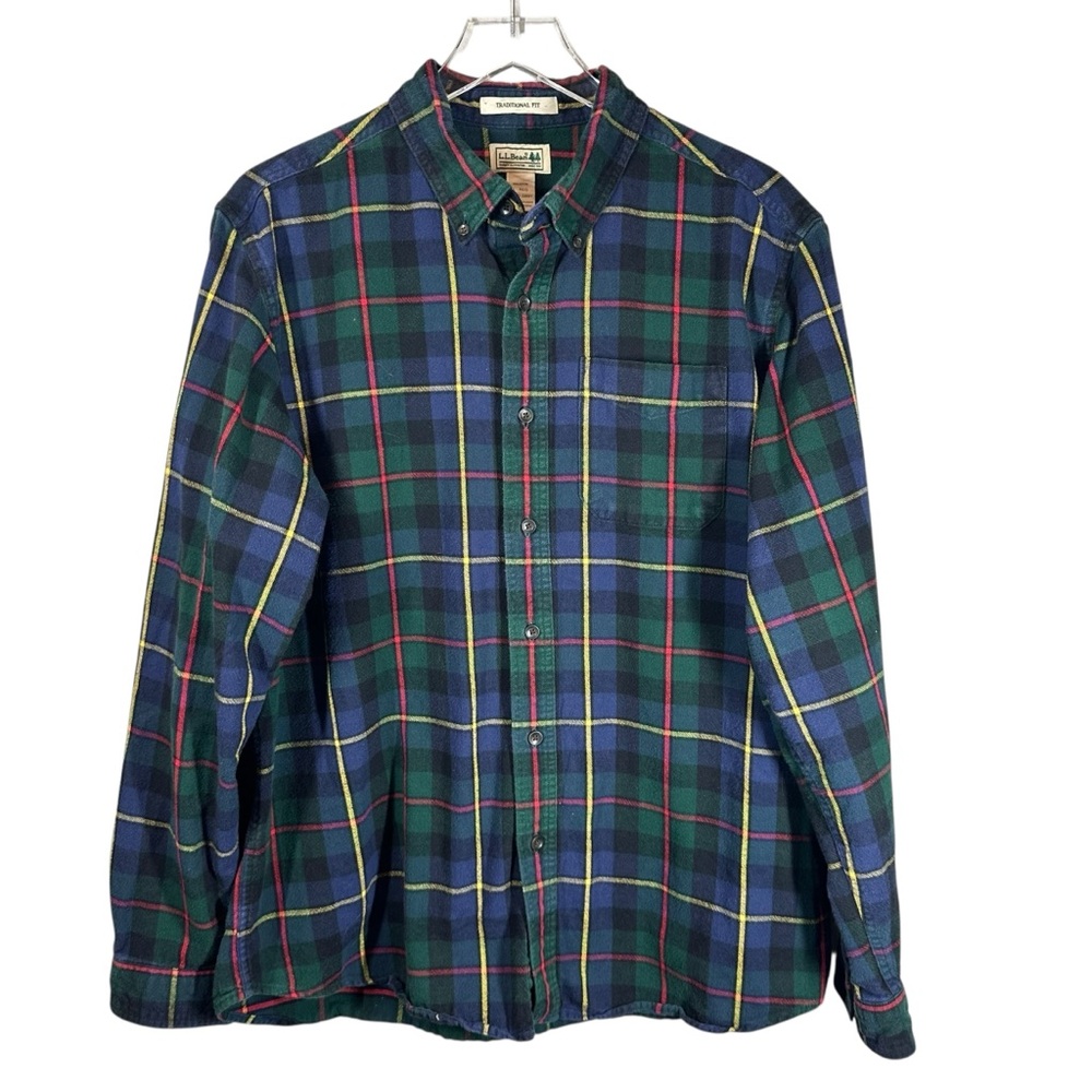 L.L.BEAN Men's Large Traditional Fit Scotch Plaid Flannel Shirt Blue/Green